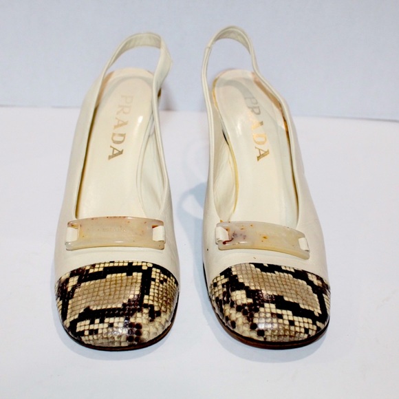 Vintage Prada Sling back Block Heel Ivory Snakeskin toe Size 36.5 - Picture 4 of 7